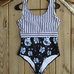 *NEVER WORN* One Piece Floral and Striped Swimsuit
